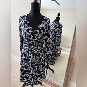 Women’s navy print dress with 3/4 sleeve tie belt crossover front 40” length